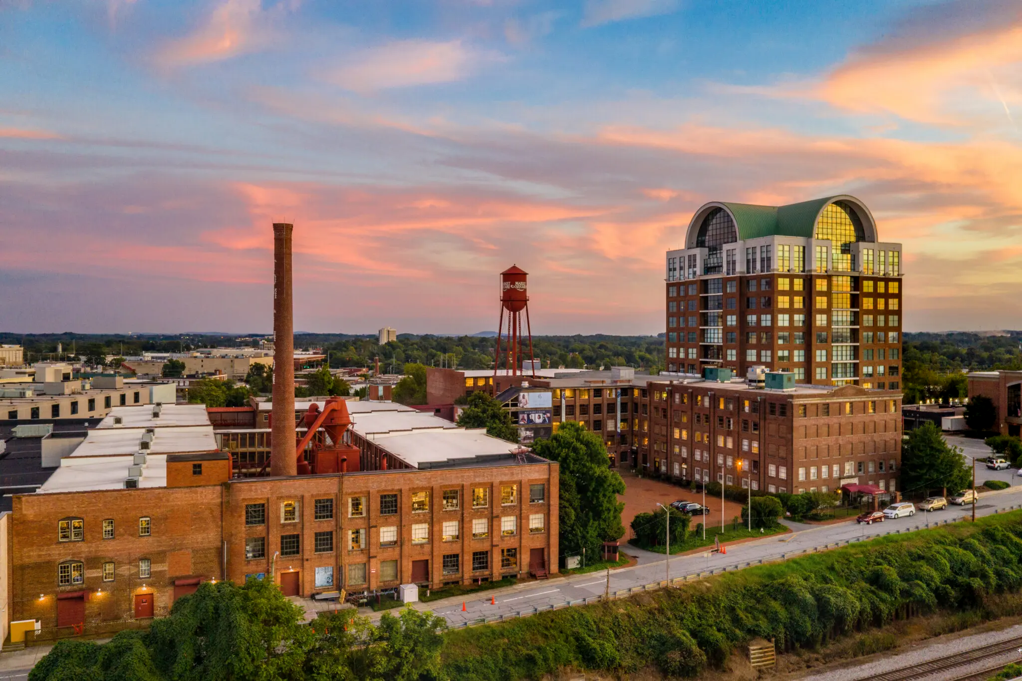 An aerial view of Downtown High Point, North Carolina, during sunset